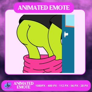 Op de afbeelding: Geanimeerde emote met een groene figuur die een roze broek naar beneden trekt. De figuur draagt een zwart shirt en staat bij een blauwe deur. De tekst "ANIMATED EMOTE" wordt in het roze weergegeven.