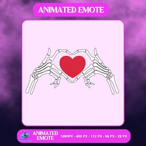 May include: A digital graphic featuring a red heart formed by two white skeletal hands on a light pink background. The words "ANIMATED EMOTE" appear at the top and bottom of the image. The image also includes pixel dimensions.