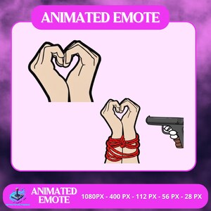 Puede incluir: Gráfico de emote animado con dos gestos de manos formando un corazón. Un par de manos está atado con una cuerda roja, con una pistola apuntando hacia ellas. El texto "ANIMATED EMOTE" está arriba y abajo.