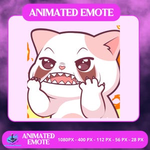 Puede incluir: Un emote animado con un gato blanco con detalles rosas, mostrando una expresión enfadada con los dientes descubiertos y las garras extendidas. El texto "ANIMATED EMOTE" aparece arriba y abajo, junto con los tamaños de resolución.