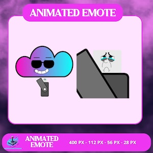 May include: A digital graphic featuring a smiling cloud wearing sunglasses, with a USB drive below. The image includes a sad face and the text "ANIMATED EMOTE" in a pink frame. The bottom of the image shows the text "ANIMATED EMOTE" and pixel dimensions.