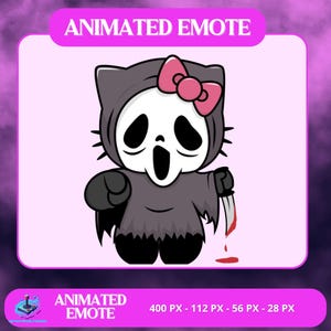 Puede incluir: Un emote animado con un personaje de dibujos animados con una máscara de Scream y un lazo rosa, sosteniendo un cuchillo ensangrentado. El personaje viste una capa con capucha gris. El texto "ANIMATED EMOTE" se muestra en la parte superior e inferior de la imagen.