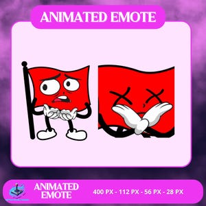 Puede incluir: Dos emotes animados que muestran una bandera roja con un mástil negro. Una bandera tiene una expresión angustiada, la otra tiene los ojos tachados y guantes blancos. El texto "ANIMATED EMOTE" se muestra arriba y abajo de las imágenes.