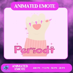 Puede incluir: Un emote animado rosa y blanco con una pata de gato con una almohadilla en forma de corazón. La pata lleva un suéter rosa. La palabra "Periodt" está escrita en rosa, con corazones reemplazando la letra "o". El fondo es morado.
