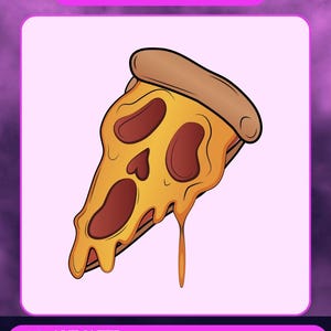May include: Animated emote graphic of a pizza slice with melted cheese and pepperoni. The pizza has a brown crust and is set against a pink background with the text "ANIMATED EMOTE".