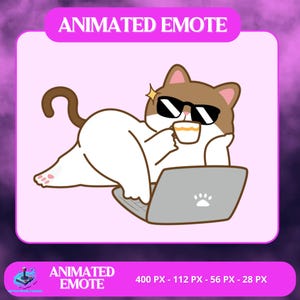Peut inclure: Emote animé représentant un chat détendu portant des lunettes de soleil, tenant une tasse et utilisant un ordinateur portable avec une empreinte de patte. Le texte "ANIMATED EMOTE" est affiché, avec les dimensions en pixels.