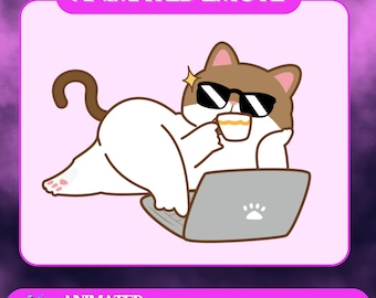 Animated Coffee Lurk Cat Emote: Chill Kitten with Laptop, Twitch Discord Lurker Reaction Lo-fi
