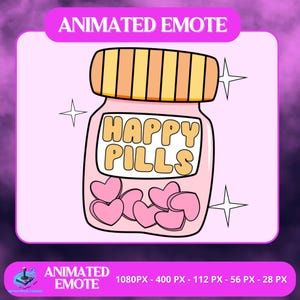 Puede incluir: Emoticono animado que muestra un frasco rosa con la inscripción "HAPPY PILLS" y pastillas en forma de corazón en su interior. El frasco tiene una tapa a rayas amarillas y marrones. La imagen incluye estrellas y el texto "ANIMATED EMOTE".