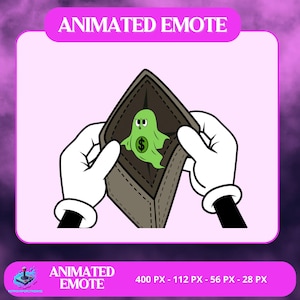 Puede incluir: Un emote animado que presenta un fantasma de dibujos animados con un signo de dólar dentro de una cartera marrón. La cartera está abierta por manos enguantadas de blanco. El texto "ANIMATED EMOTE" se muestra.