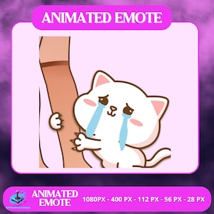 Puede incluir: Un emote animado con un gato blanco con lágrimas azules, abrazando un brazo marrón. El gato tiene una expresión triste. La imagen incluye el texto "ANIMATED EMOTE" en una pancarta rosa y las dimensiones de la imagen.