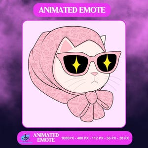 May include: Animated emote featuring a white cat wearing pink sunglasses with yellow star-shaped reflections. The cat is adorned with a pink scarf and bow, patterned with hearts and other symbols. The text "ANIMATED EMOTE" appears at the top and bottom.
