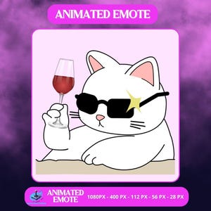 May include: A white cartoon cat wearing black sunglasses and a gold star, holding a glass of red wine. The image has the text "ANIMATED EMOTE" in a pink banner at the top and bottom, with resolution details.