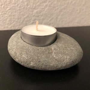 Handmade Pebble Tea Light Candle Holder – Natural Stone Tealight for Zen Garden, Altar, Meditation Decor, Shelf or Mantle Accent