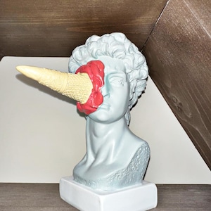 Whimsical Ice Cream David Head Statue – 6.3&quot; Resin Greek Bust Decor for Shelf, Desk, Office, or Living Room | Bold Red Decorative Sculpture