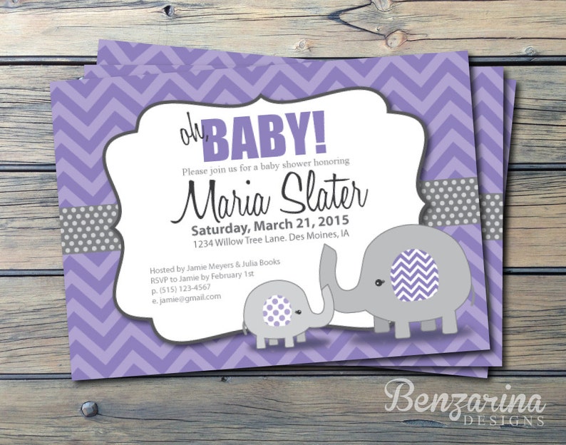 Elefante Morado Bebe Ducha Invitacion Oh Nina Chevron Etsy