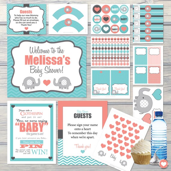 Girl Baby Shower Teal Coral Elephant Party Package Complete Etsy