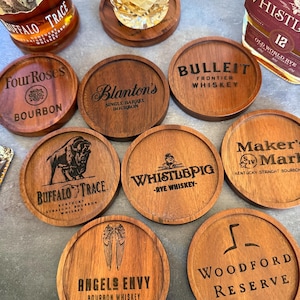 Bourbon Coasters - Pack of 4 with Wire Rack -you pick the brand - we laser engrave it on these beautiful wooden coasters