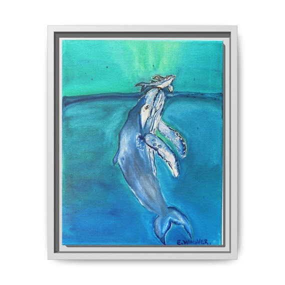 Framed Whale Art Canvas, Colorful Ocean Decor, Whale Painting, Nautical Wall Art, Marine Life Gift, Underwater Art