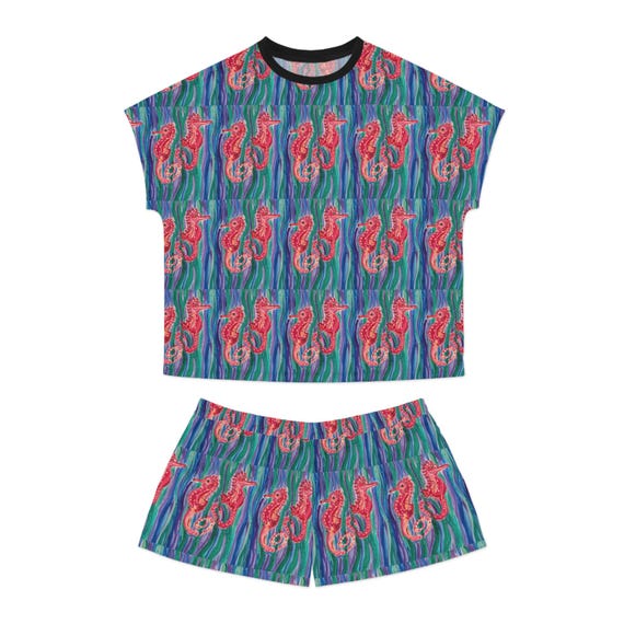 Pajama Set for Women in Sea Horse Patterned Animal Print Pjs