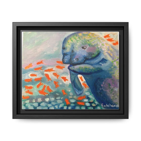 Framed Manatee Canvas Art, Colorful Marine Wildlife Decor, Ocean Lover Gift, Nursery Wall Art, Coastal Room Decoration
