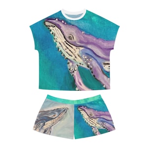 Women&#39;s Pajama Set, Gift for Whale Lover,Cozy Sleepwear, Cute Loungewear, Whale, Gift for Ocean Lovers, Beach Outfit, Beach Pajamas
