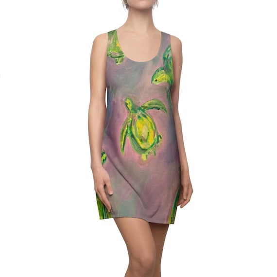 Turtle Print Racerback Dress, Beachwear, Casual Boho Dress, Sea Turtle Lover Gift, Sea Turtle, Women's Summer Dress, Beach Cover-up