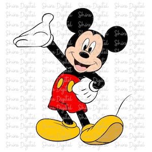 May include: A cartoon illustration of Mickey Mouse, a popular Disney character. Mickey is depicted in his classic outfit: red shorts, yellow shoes, white gloves, and black ears. He is smiling and waving with one hand.