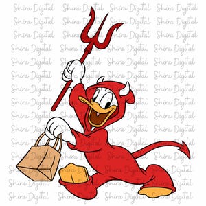 Könnte beinhalten: Eine Cartoon-Illustration einer Ente, die als Teufel verkleidet ist und einen roten Dreizack und eine braune Papiertüte hält. Die Ente trägt ein rotes Teufelskostüm mit Hörnern und einem Schwanz. Der Hintergrund ist weiß mit dem Text "Shira Digital".