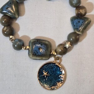 Blue-Green Triangle Bead Bracelet with Sky-Moon Dangle | Celestial Small-Wrist Bracelet