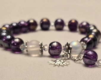 Purple and White Mermaid Bead Bracelet with Crystal Sun Dangle