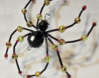 Beaded Spider Ornament: Black, Red & Green Crystal - Gothic Halloween Decor