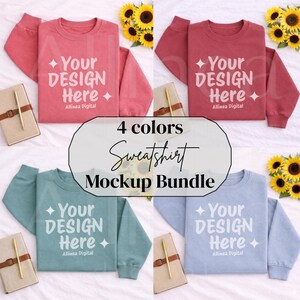 Può includere: Un pacchetto mockup con quattro felpe di diversi colori: corallo, bordeaux, verde acqua e azzurro. Ogni felpa ha il testo "Your Design Here" e "Allinea Digital" stampato sul davanti. L'immagine include anche il testo "4 colors Sweatshirt Mockup Bundle".