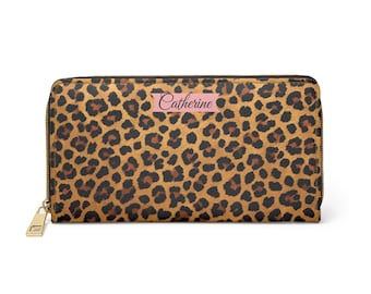 Carteira personalizada com estampa de leopardo: carteira estilosa de couro sintético com zíper