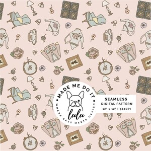 May include: Seamless digital pattern on a pink background featuring illustrations of furniture, teacups, embroidery hoops, and flowers. The design includes a lamp, a small sofa, and a framed picture. The pattern is 12" x 12" and 300 DPI.
