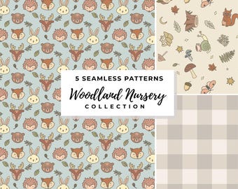 Woodland Nursery Seamless Pattern Bundle – Forest Animals and Gingham Digital Paper