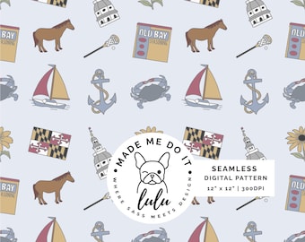 Maryland Icons Seamless Pattern | Blue Crab, Old Bay (Digital Download)