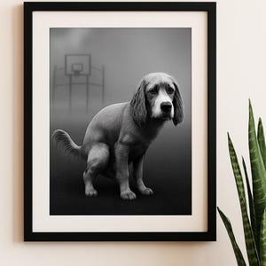 Könnte beinhalten: Schwarz-Weiß-Druck in einem Rahmen, der einen Hund in nachdenklicher Pose zeigt. Der Hund sitzt auf einer dunklen Oberfläche, im Hintergrund ist ein Basketballkorb zu sehen. Das Kunstwerk wird in einem schwarzen Rahmen präsentiert.