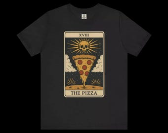 May include: Black t-shirt featuring a tarot card design with a pizza slice illustration. The card reads "The Pizza" with a skull sun graphic. The shirt has a crew neck and short sleeves.