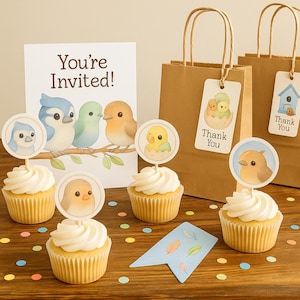 Bird Birthday Party Kit: Watercolor Clipart, Banner, and Cupcake Toppers (Digital Download)
