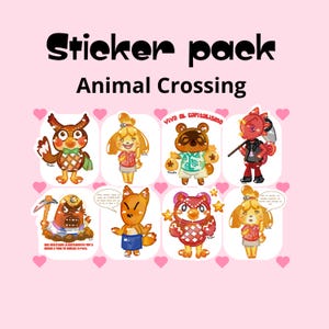 Puede incluir: Un paquete de pegatinas con personajes de Animal Crossing. Las pegatinas incluyen Sócrates, Canela, Tom Nook, Ladino, y otros. Las pegatinas están sobre un fondo rosa con corazones y el texto "Sticker pack Animal Crossing".