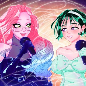 Puede incluir: Ilustración digital de dos mujeres de estilo anime cantando en micrófonos. Una tiene el pelo rosa, gafas y un atuendo negro. La otra tiene el pelo verde y un vestido verde claro. Ambas sonríen, con un fondo brillante.