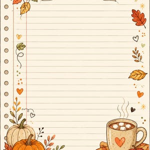 Puede incluir: Una hoja de papel de carta rayado con un borde decorativo de ilustraciones otoñales, que incluye hojas de arce naranjas y amarillas, calabazas, una taza humeante de chocolate caliente con malvaviscos, una manzana roja y una cinta vacía.
