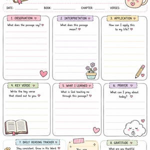 May include: A Bible Study Worksheet featuring pastel illustrations of a smiling book, a coffee mug, and flowers. The page includes sections for observation, interpretation, application, key verse, prayer, a daily reading tracker, and gratitude.