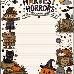Puede incluir: Una hoja de papel de carta rayada con temática de Halloween con el texto HARVEST HORRORS, SCARE crows, PUMPKINS & SPOOKY FUN! Las ilustraciones incluyen un espantapájaros, gato negro, fantasma, calabazas, murciélagos, telaraña y letreros que dicen PICK YOUR POISON... I MEAN, PUMPKIN!, ENTER IF YOU DARE!, HAPPY HAUNTING!, FARM FRESH FEAR y R.I.P. BORING DAYS.