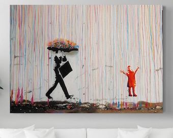 バンクシーの傘男のキャンバスアート：虹の雨と少女のグラフィティ