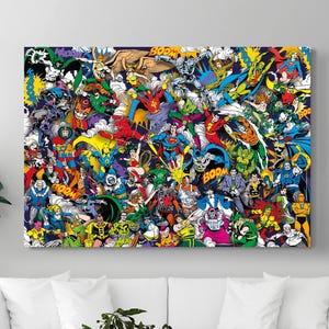May include: A large, colourful comic book art print featuring numerous superheroes and villains. The artwork is a collage of characters in vibrant colours, with action poses and the word "BOOM" in several places. The print is displayed on a wall above a white sofa.