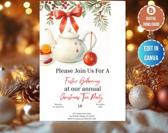 Christmas Tea Party Invitation, Holiday Tea Party Invitation, Tea Party Template, Christmas Brunch Invite, Christmas Tea, Christmas Party