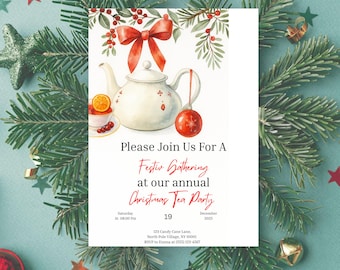 Christmas Tea Party Invitation, Holiday Tea Party Invitation, Tea Party Template, Christmas Brunch Invite, Christmas Tea, Christmas Party