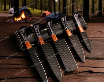 Hand Forged Damascus Chef Set | Damascus Knife Set {Kitchen Knives-5Pcs} Chef Knife | ANNIVERSARY Gift | CHRISTMAS Gift | THANKSGIVING Gifts