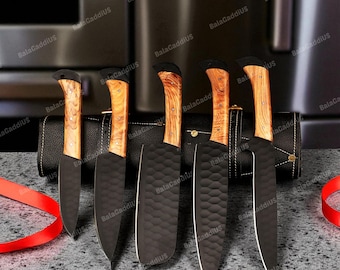 HANDMADE Damascus Steel Chef Knife Set, Kitchen Knives | Chef Knife Set, Handmade 5 Pcs Luxury Damascus Knife Gift for Him, Fathers Day Gift